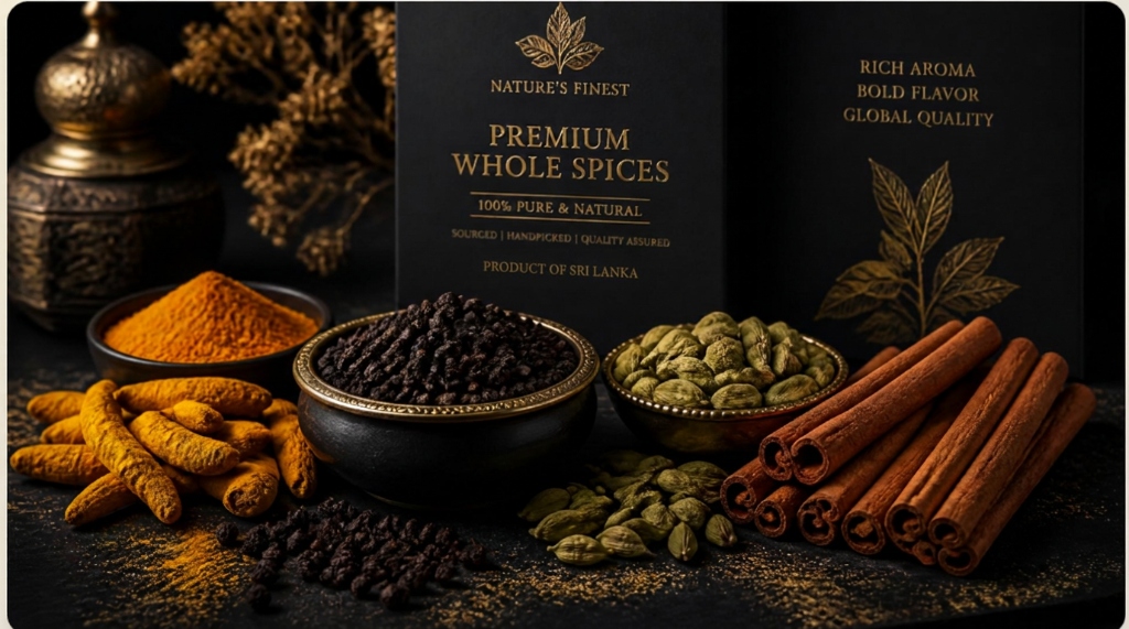 Premium whole spices in burlap sacks and wooden bowls